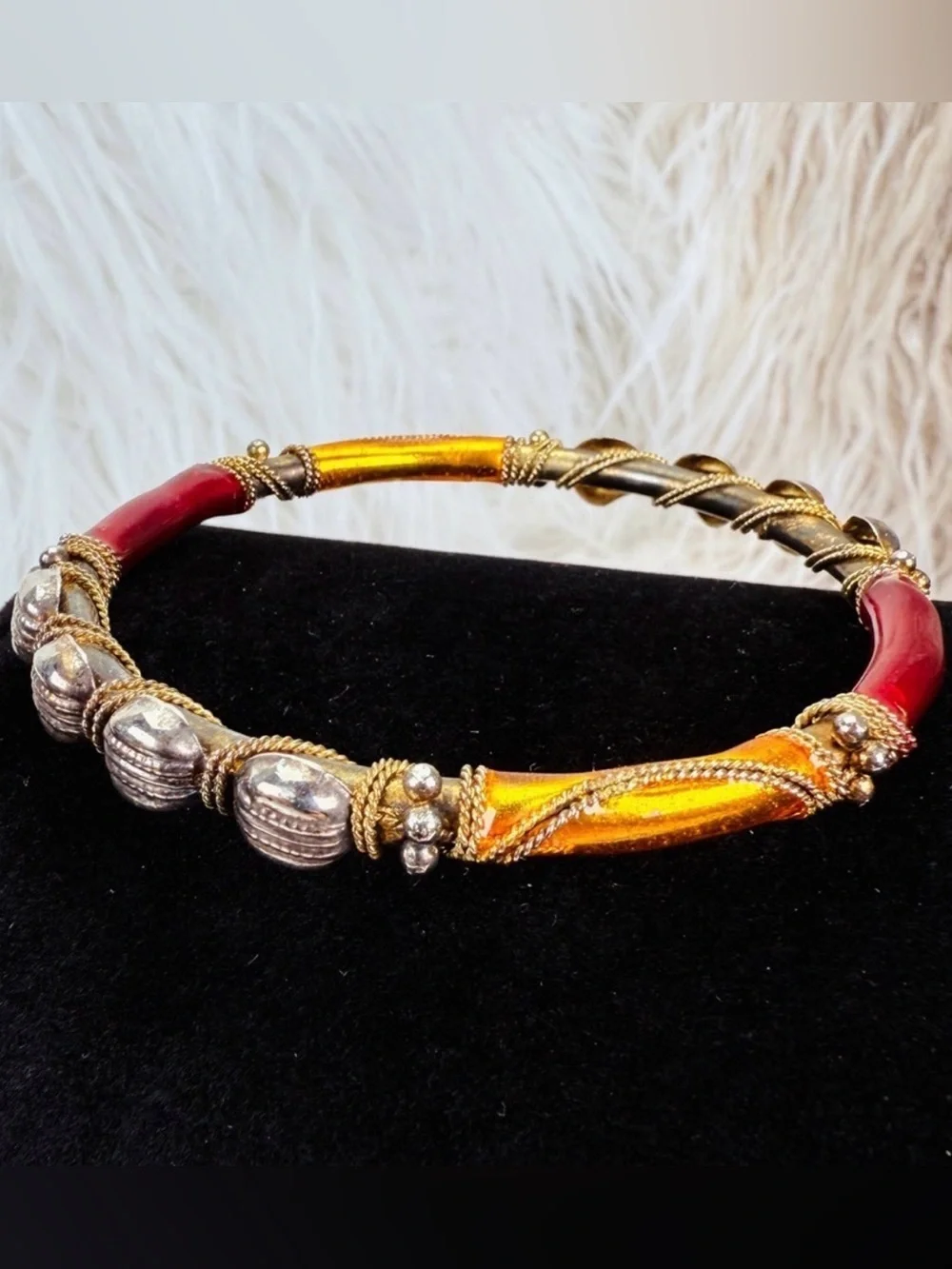 Vintage aged Goldtone and Red Bangle Bracelet